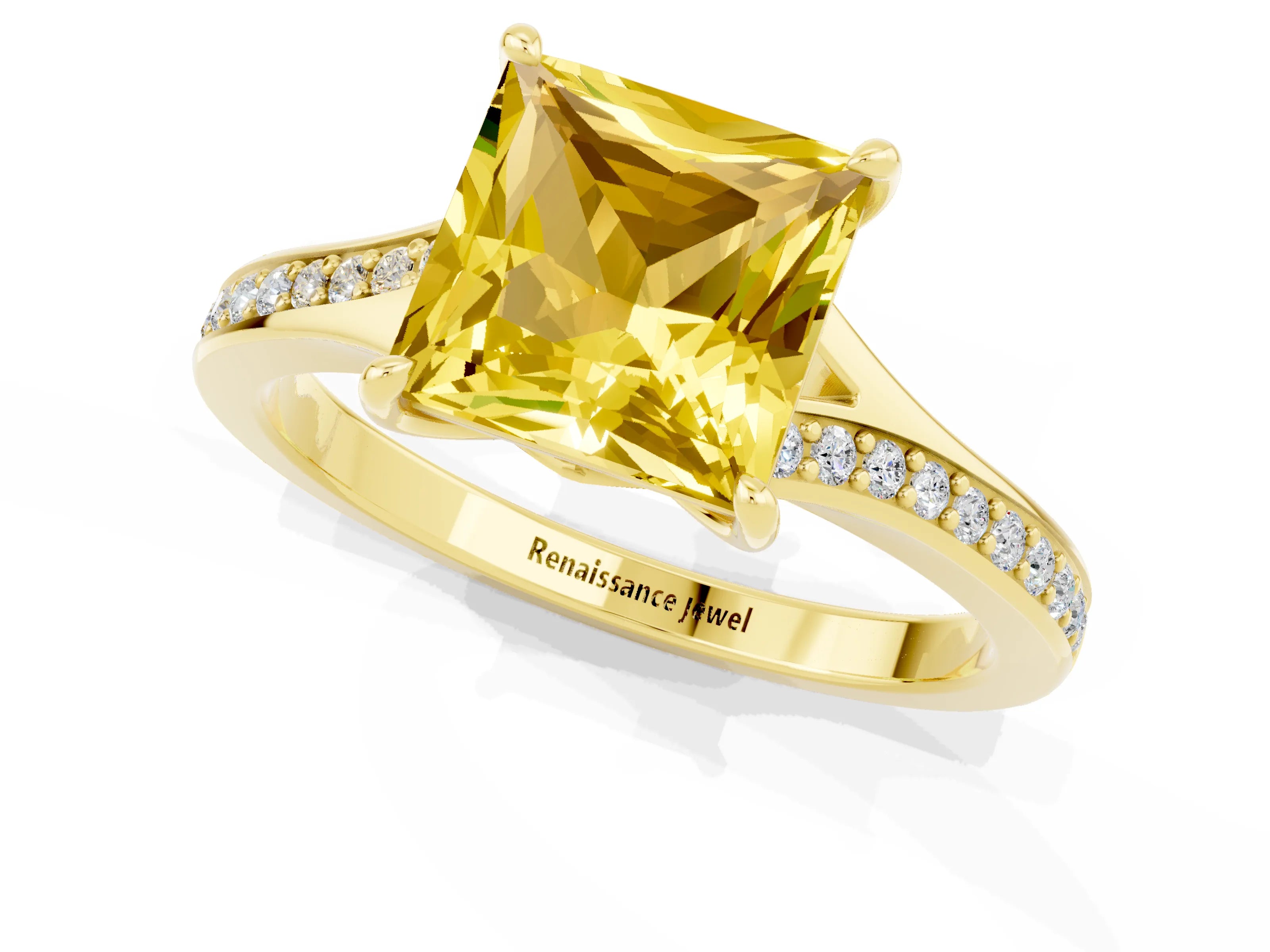 Yellow gold Princess Cut Yellow Sapphire Solitaire Ring with Pavé Band and Prong Setting_13
