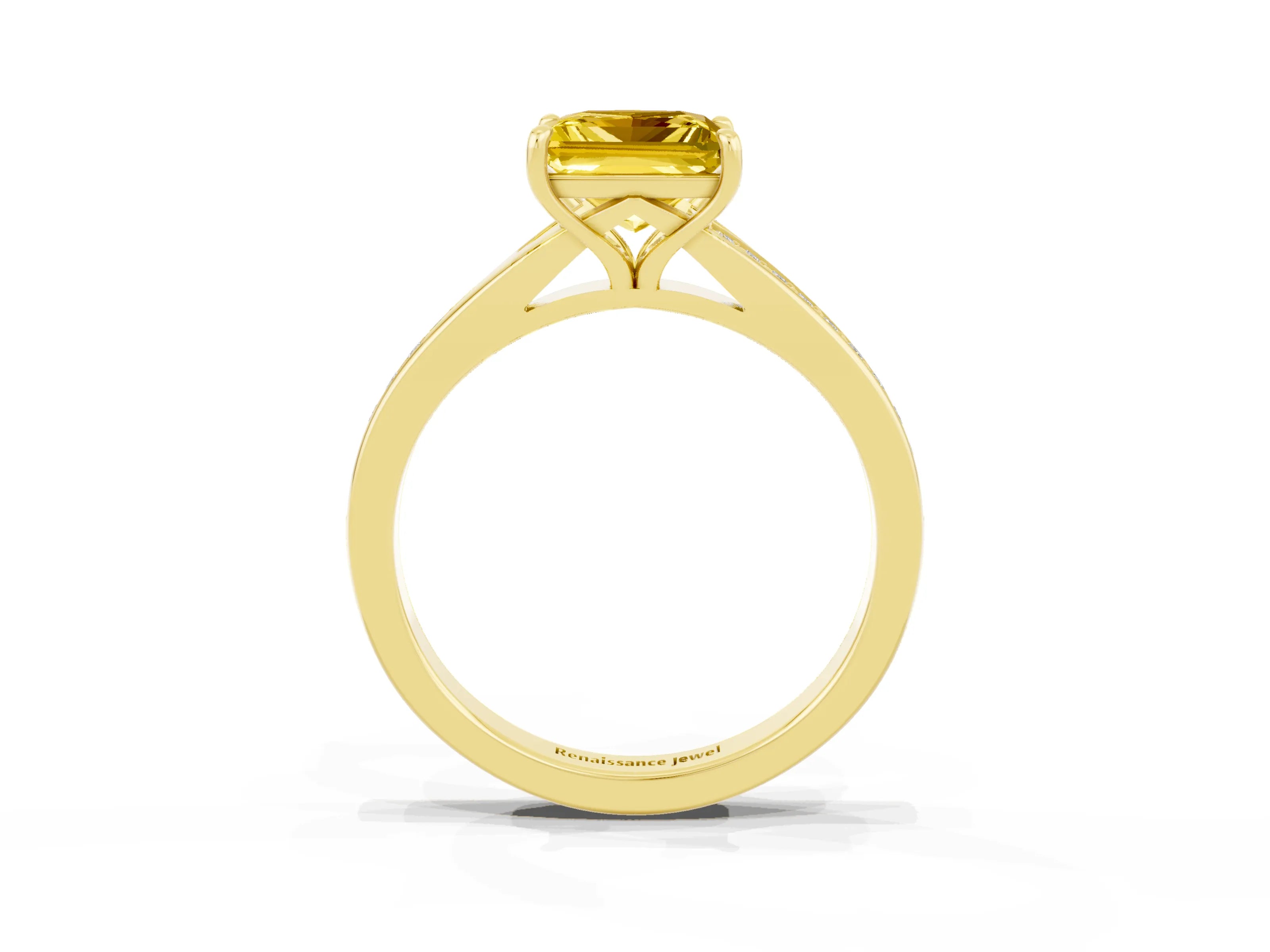 Yellow gold Princess Cut Yellow Sapphire Solitaire Ring with Pavé Band and Prong Setting_15