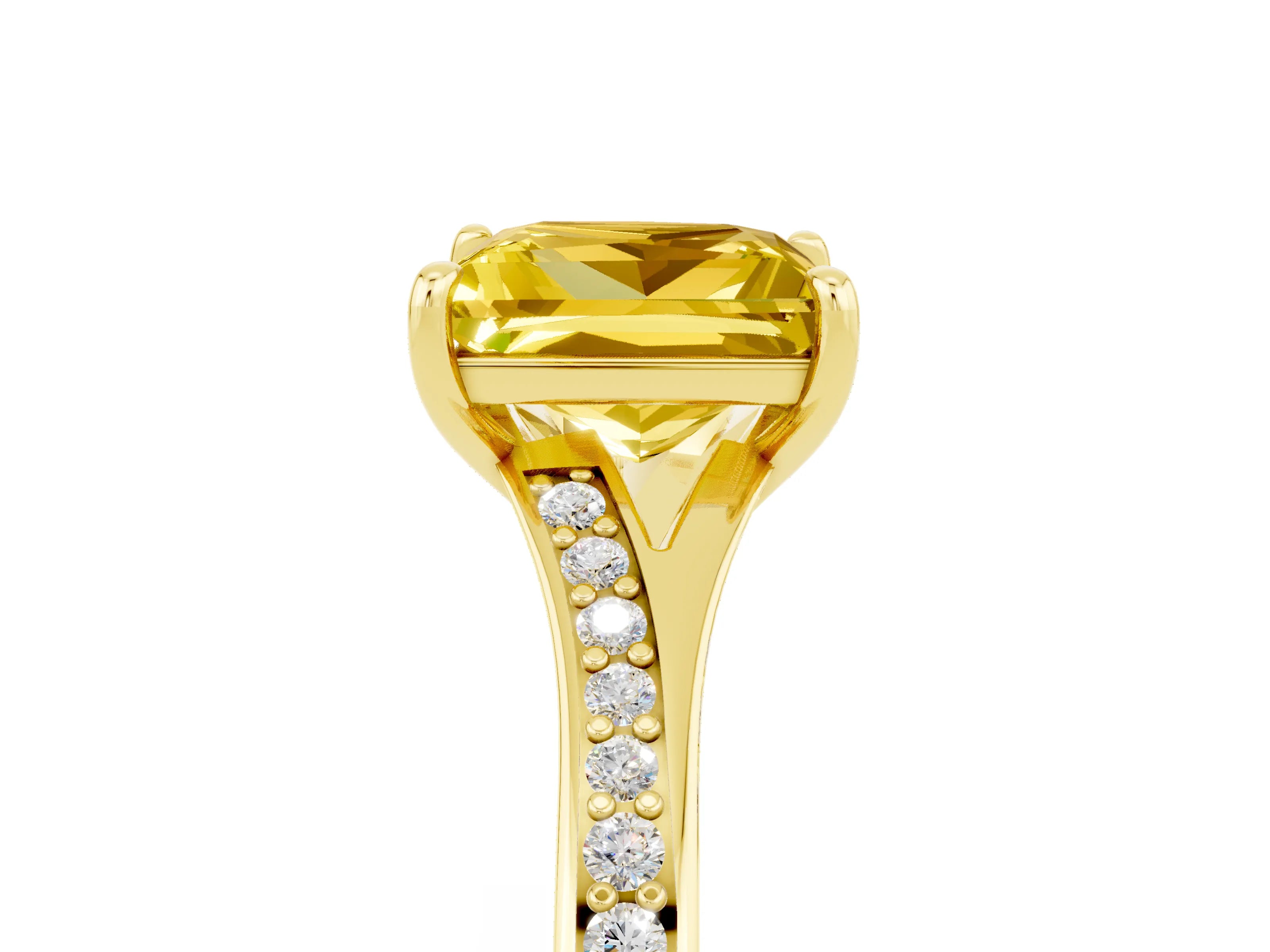 Yellow gold Princess Cut Yellow Sapphire Solitaire Ring with Pavé Band and Prong Setting_17