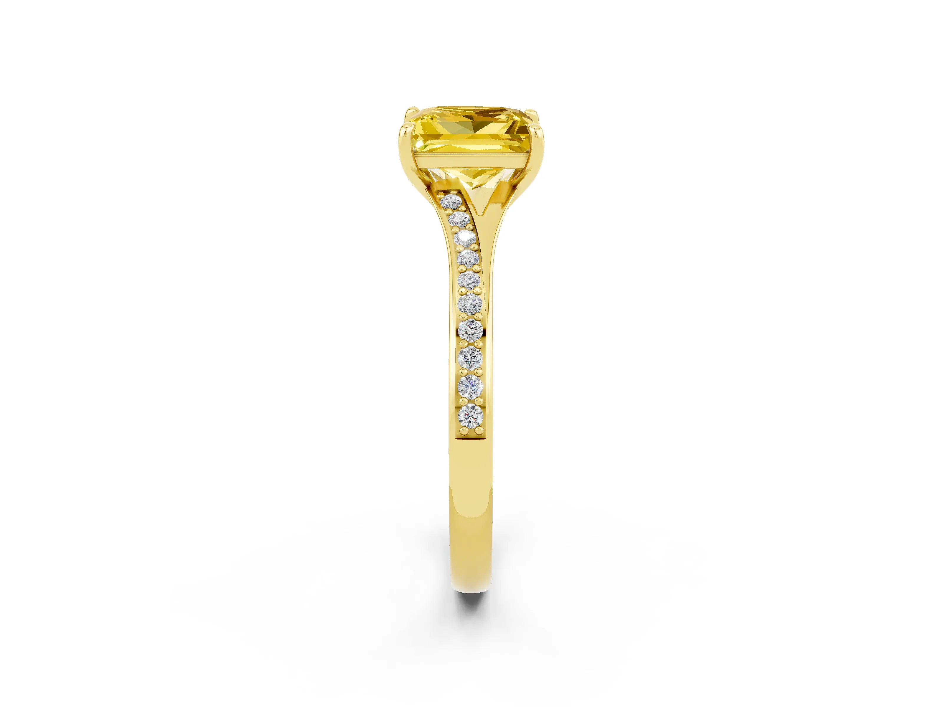 Yellow gold Princess Cut Yellow Sapphire Solitaire Ring with Pavé Band and Prong Setting_2