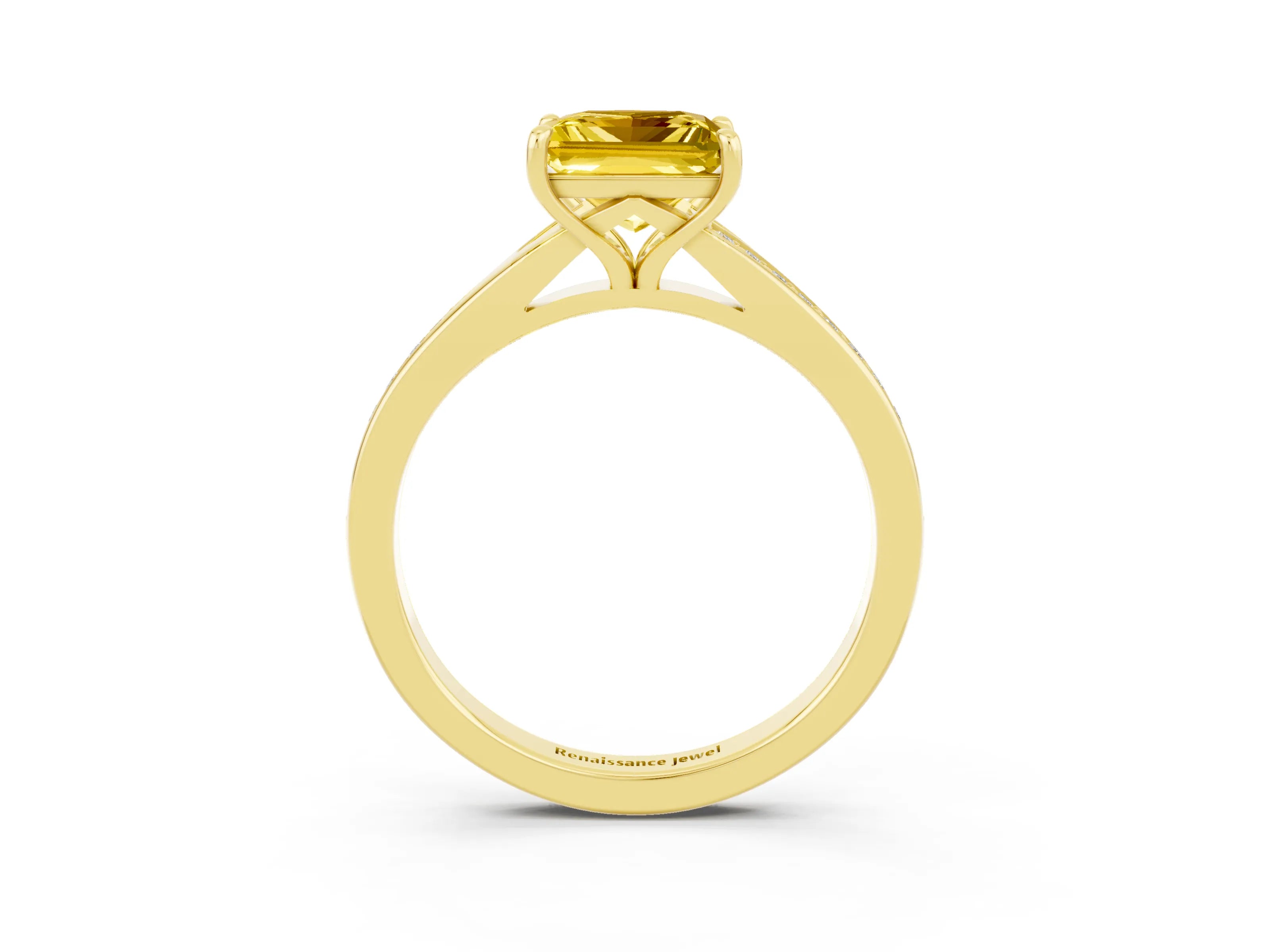 Yellow gold Princess Cut Yellow Sapphire Solitaire Ring with Pavé Band and Prong Setting_3