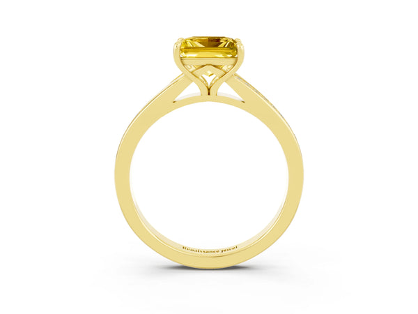 Yellow gold Princess Cut Yellow Sapphire Solitaire Ring with Pavé Band and Prong Setting