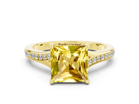 Yellow gold Princess Cut Yellow Sapphire Solitaire Ring with Pavé Band and Prong Setting