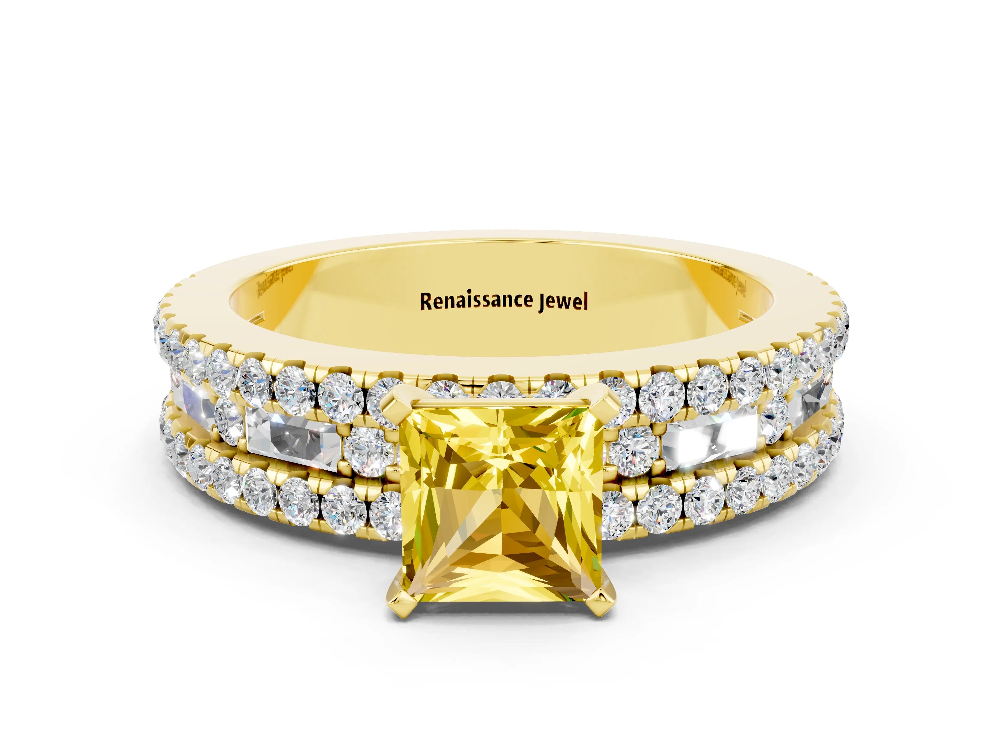 Yellow gold Princess Cut Yellow Sapphire Solitaire Ring with Pavé and Channel Set Band_24