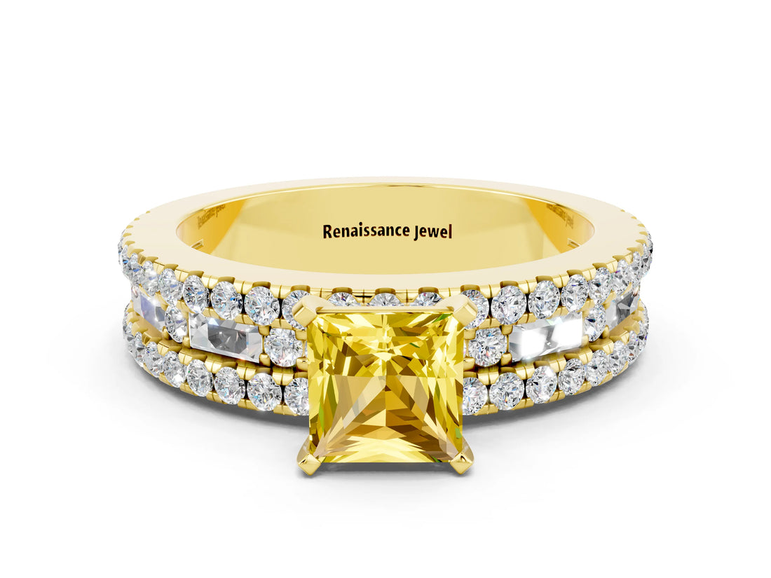 Yellow gold Princess Cut Yellow Sapphire Solitaire Ring with Pavé and Channel Set Band_24