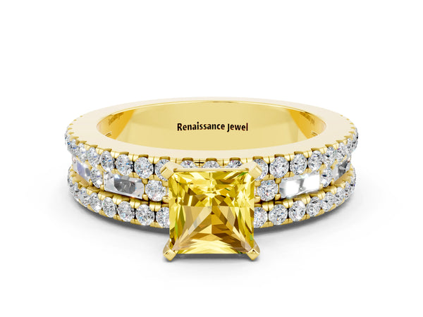 Yellow gold Princess Cut Yellow Sapphire Solitaire Ring with Pavé and Channel Set Band