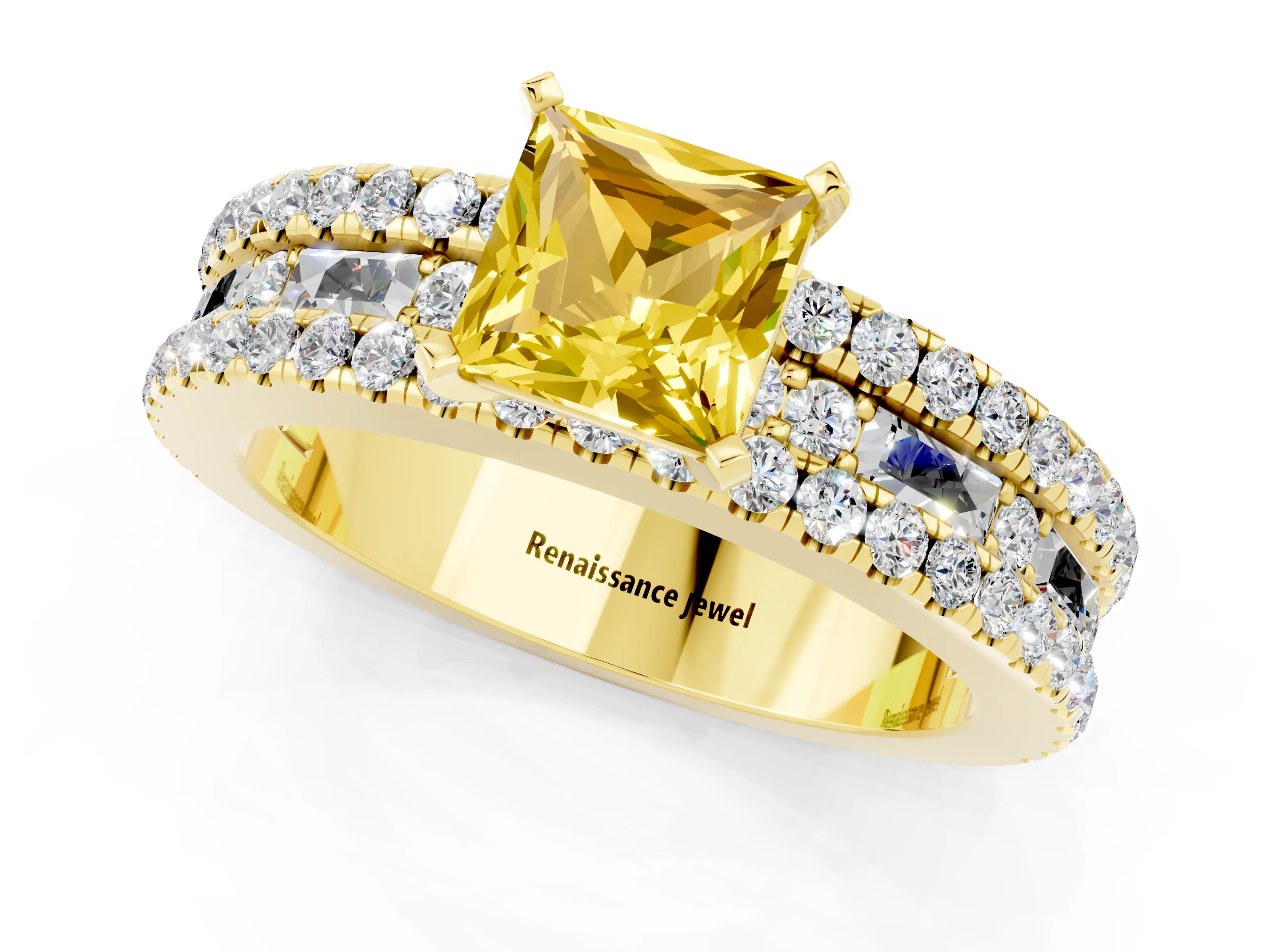 Yellow gold Princess Cut Yellow Sapphire Solitaire Ring with Pavé and Channel Set Band_25