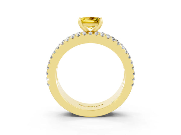 Yellow gold Princess Cut Yellow Sapphire Solitaire Ring with Pavé and Channel Set Band