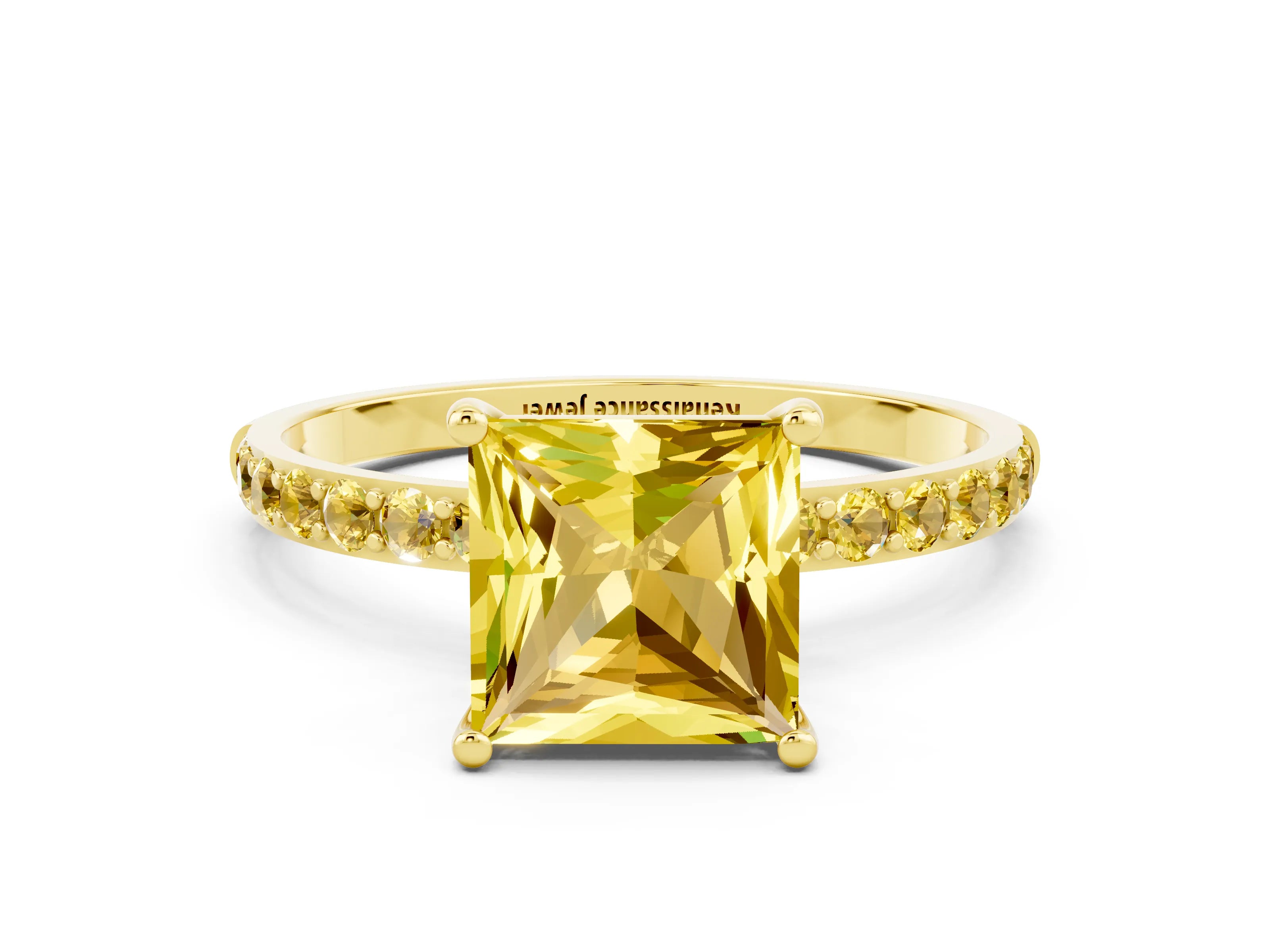 Yellow gold Princess Cut Yellow Sapphire Solitaire Ring with Pave Band and Four Prong Setting_12