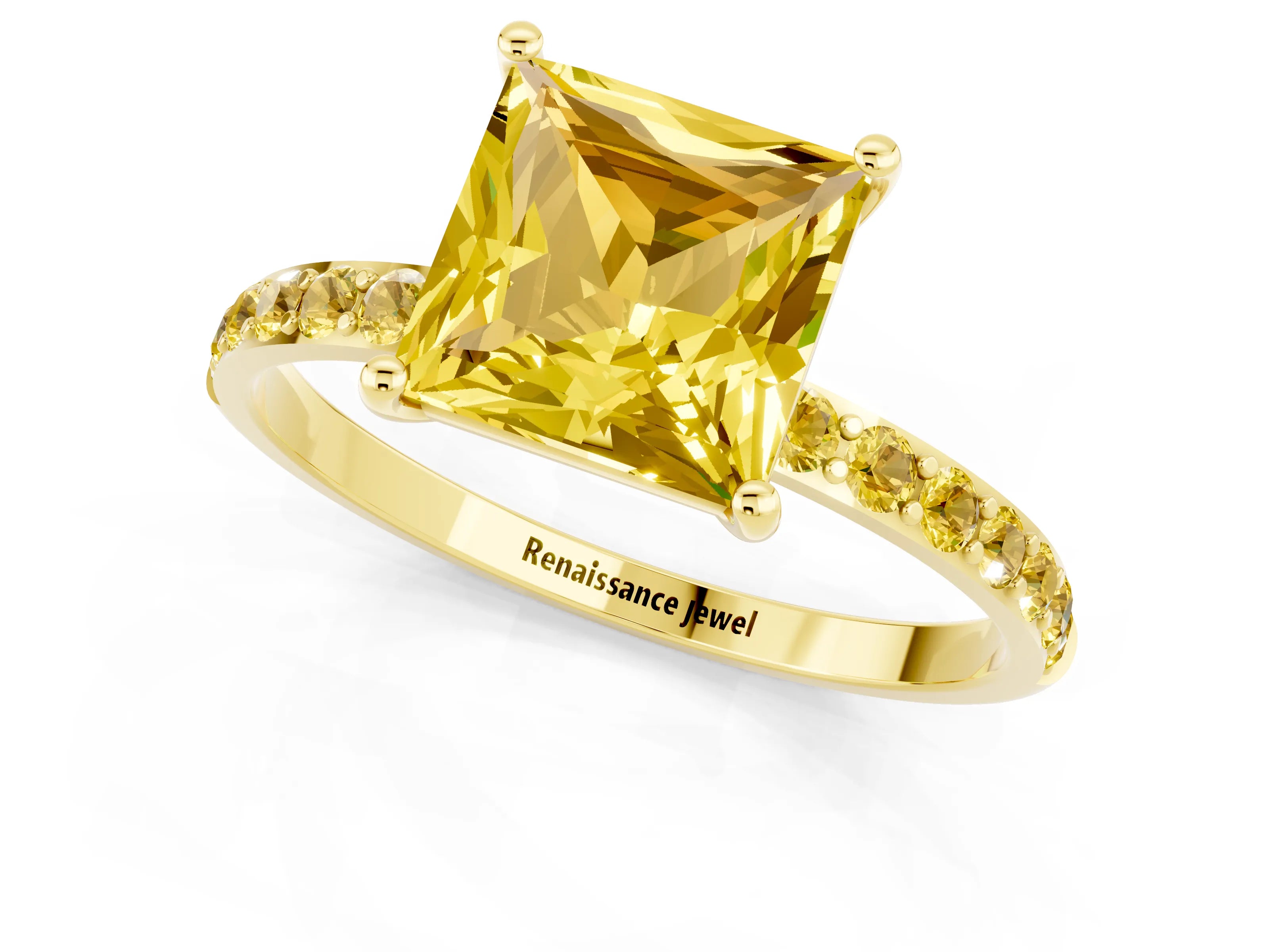 Yellow gold Princess Cut Yellow Sapphire Solitaire Ring with Pave Band and Four Prong Setting_13