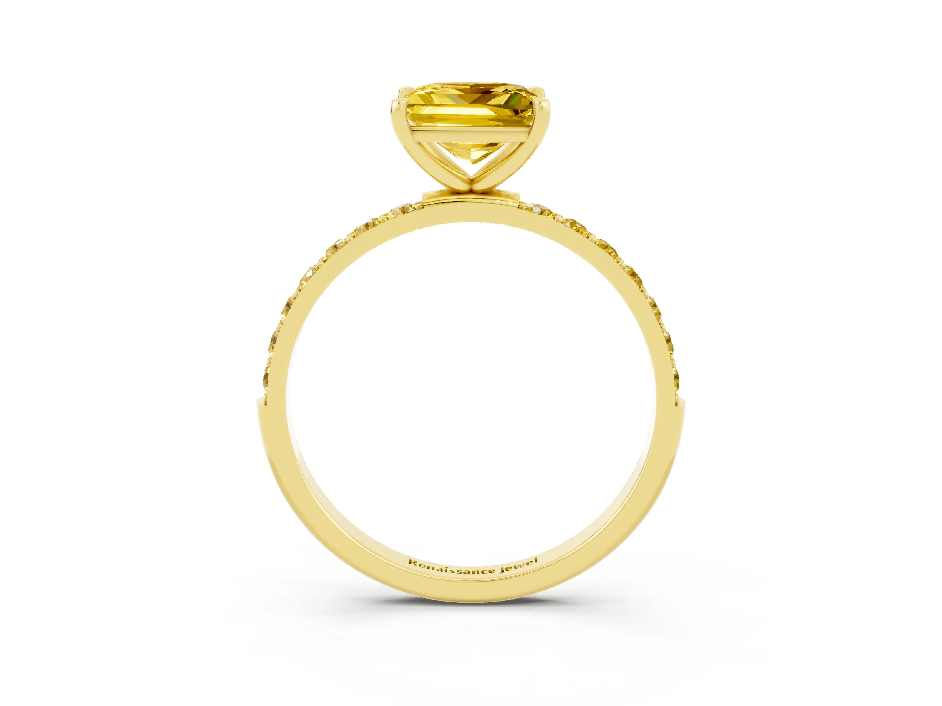Yellow gold Princess Cut Yellow Sapphire Solitaire Ring with Pave Band and Four Prong Setting_15