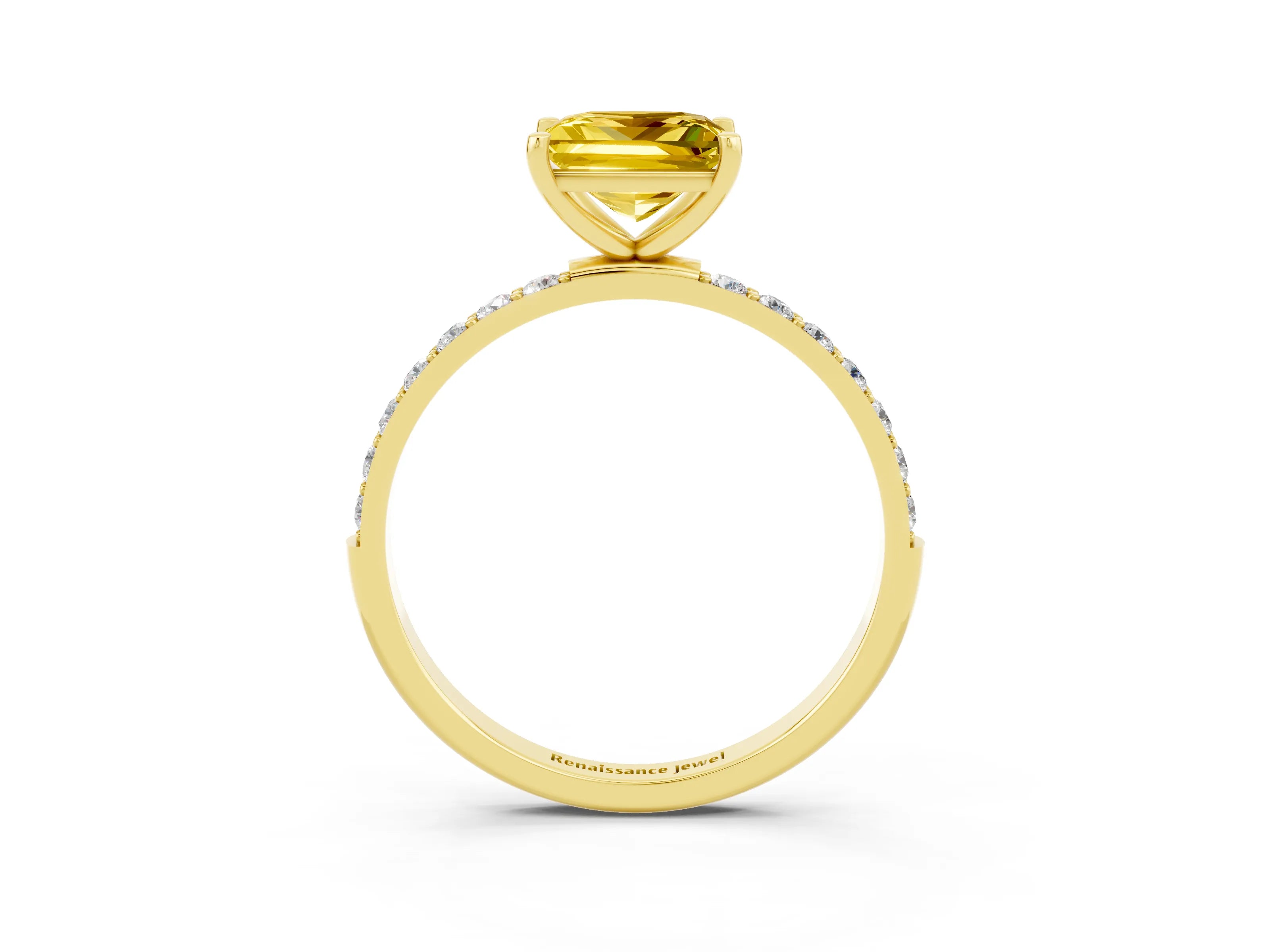 Yellow gold Princess Cut Yellow Sapphire Solitaire Ring with Pave Band and Four Prong Setting_51
