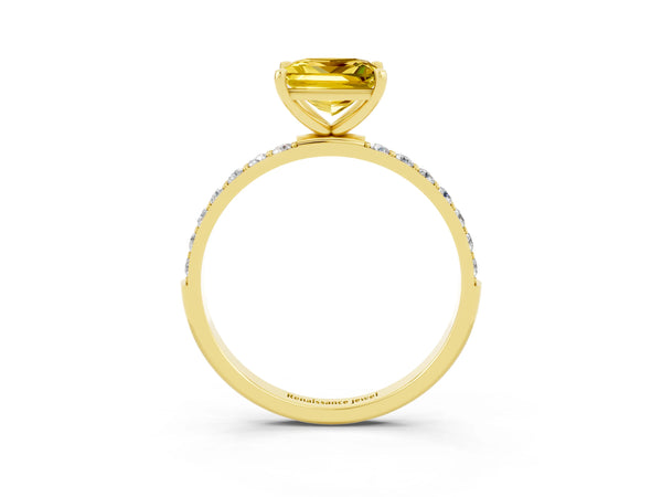 Yellow gold Princess Cut Yellow Sapphire Solitaire Ring with Round  Pavé Band and Prong Setting