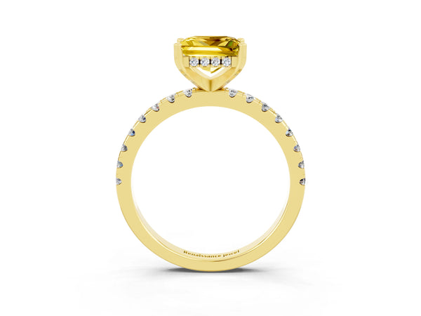 Yellow gold Princess Cut Yellow Sapphire Solitaire Ring with Round Pavé Band and Four-Prong Setting