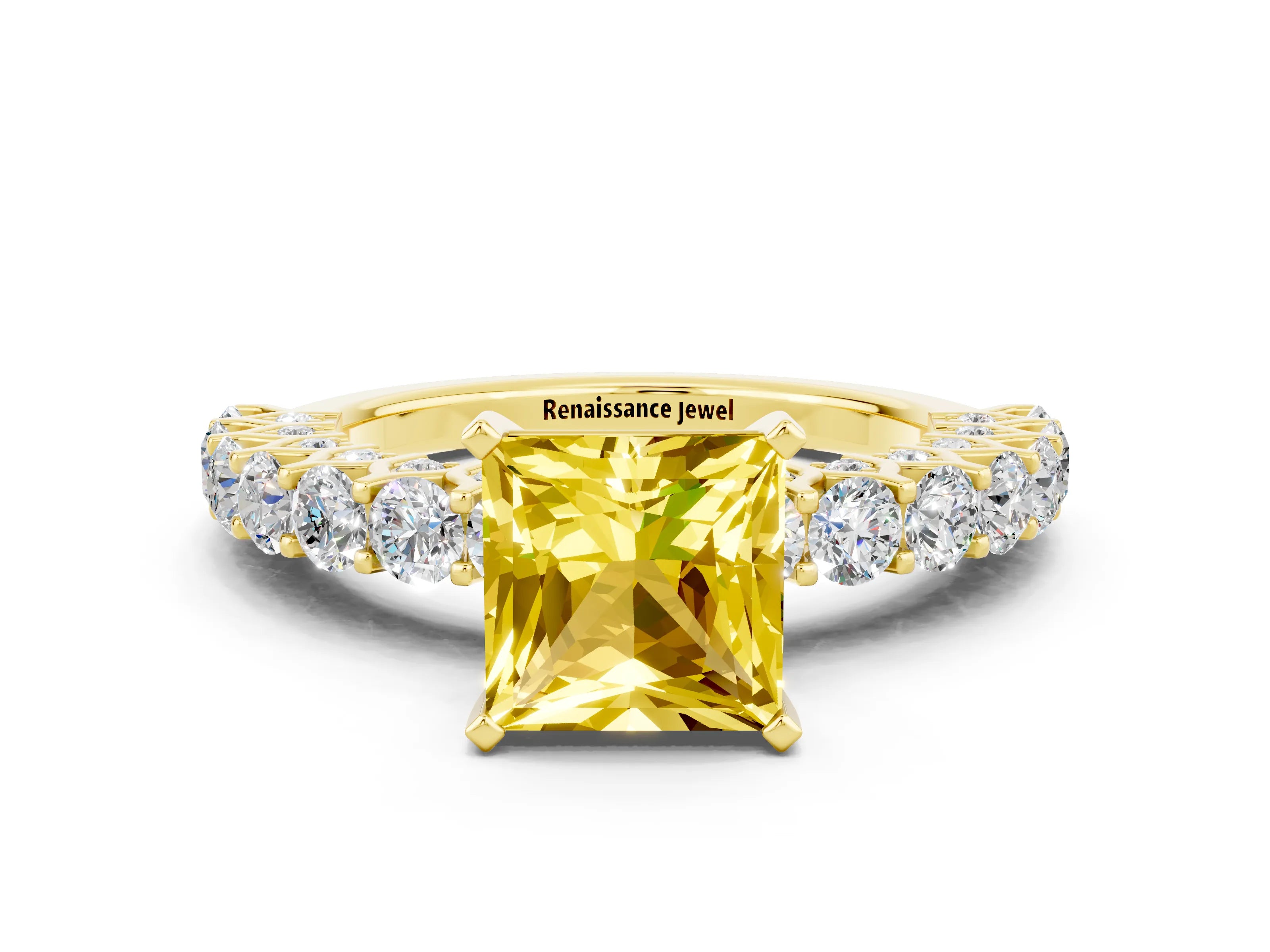 Yellow gold Princess Cut Yellow Sapphire Solitaire Ring with Shared Prong Pavé Band and Four-Prong Setting