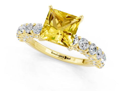 Yellow gold Princess Cut Yellow Sapphire Solitaire Ring with Shared Prong Pavé Band and Four-Prong Setting_1