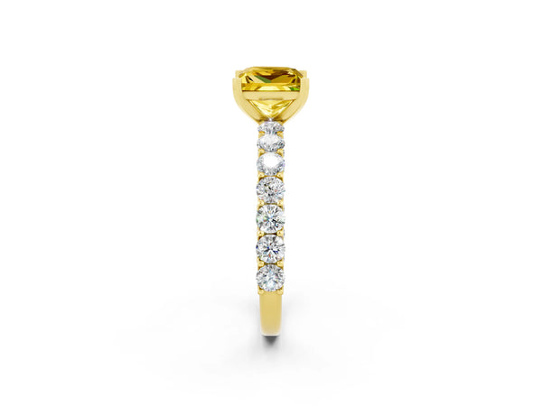 Yellow gold Princess Cut Yellow Sapphire Solitaire Ring with Shared Prong Pavé Band and Four-Prong Setting
