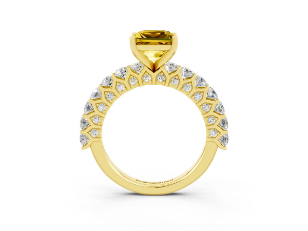Yellow gold Princess Cut Yellow Sapphire Solitaire Ring with Shared Prong Pavé Band and Four-Prong Setting