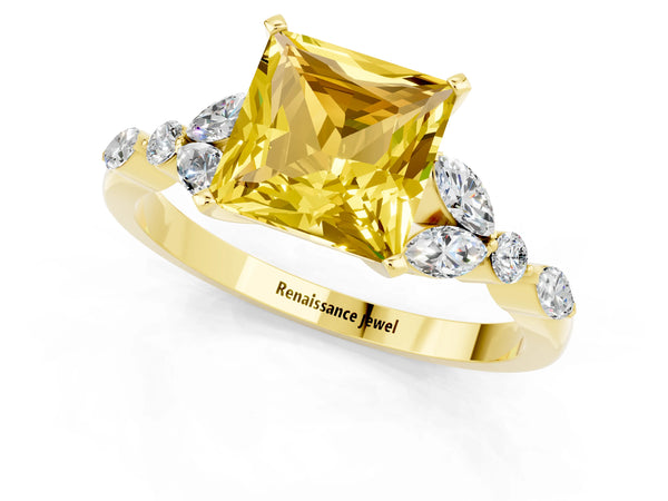Yellow gold Princess Cut Yellow Sapphire Solitaire Ring with Side Stones and Four-Prong Setting