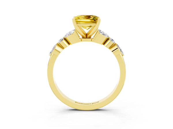 Yellow gold Princess Cut Yellow Sapphire Solitaire Ring with Side Stones and Four-Prong Setting