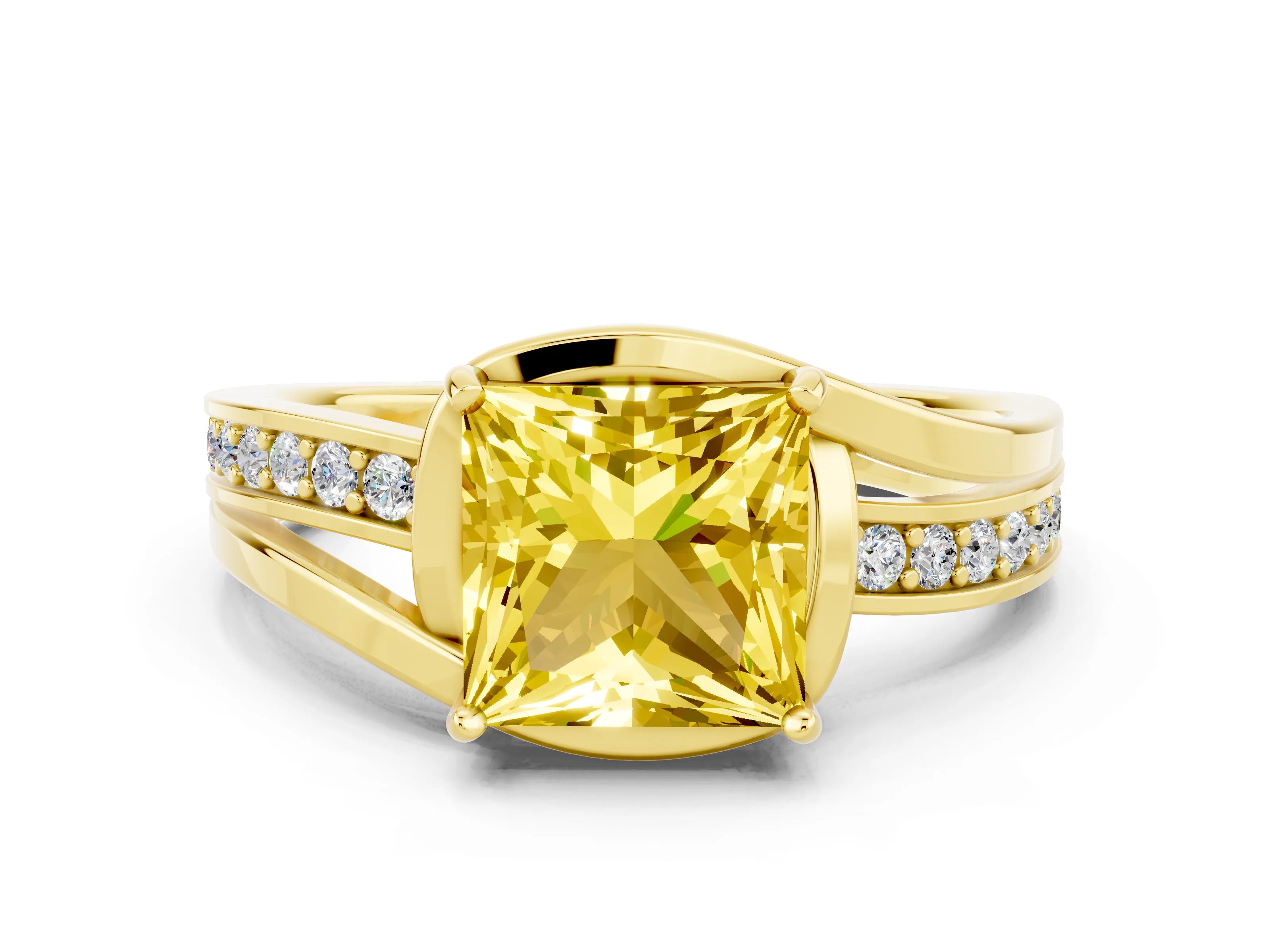 Yellow gold Princess Cut Yellow Sapphire Solitaire Ring with Split Shank and Prong Setting