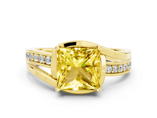 Yellow gold Princess Cut Yellow Sapphire Solitaire Ring with Split Shank and Prong Setting