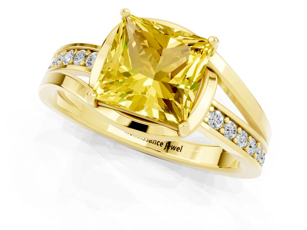 Yellow gold Princess Cut Yellow Sapphire Solitaire Ring with Split Shank and Prong Setting