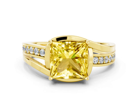 Yellow gold Princess Cut Yellow Sapphire Solitaire Ring with Split Shank and Prong Setting