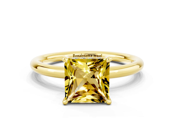 Yellow gold Princess Cut Yellow Sapphire Solitaire Ring with Thin Band and Four-Prong Setting