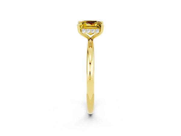 Yellow gold Princess Cut Yellow Sapphire Solitaire Ring with Thin Band and Four-Prong Setting