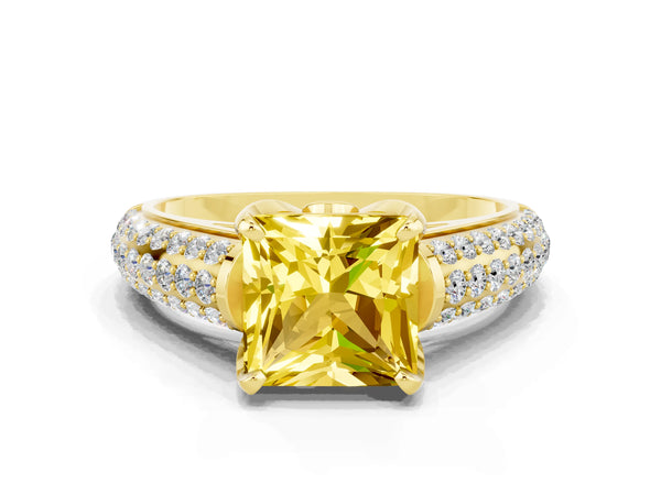Yellow gold Princess Cut Yellow Sapphire Solitaire Ring with Three-Row Pavé Band and Four-Prong Setting