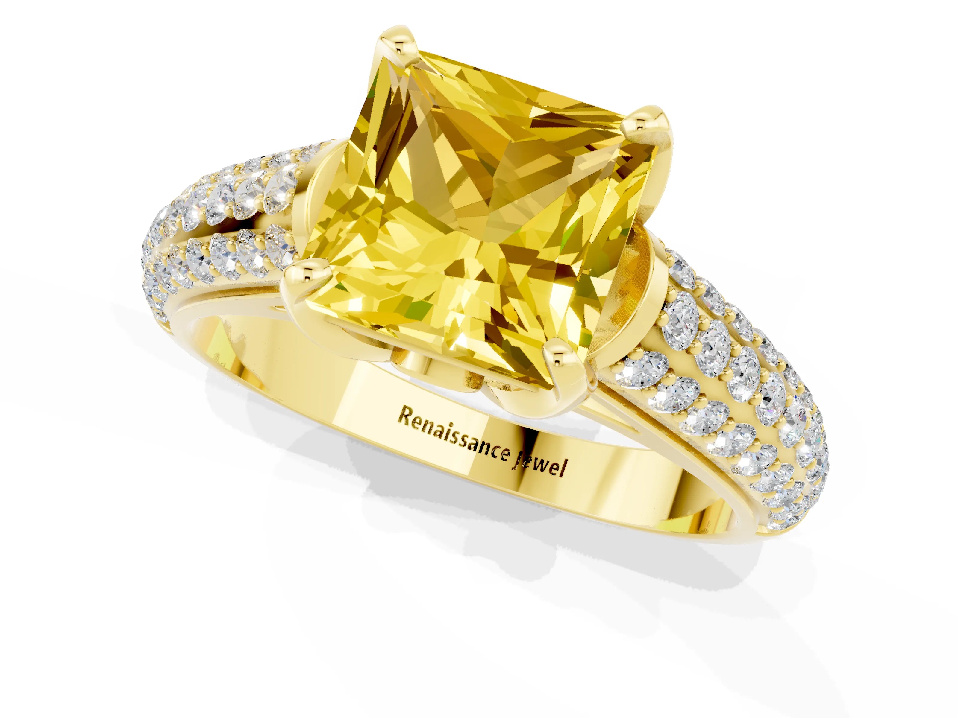 Yellow gold Princess Cut Yellow Sapphire Solitaire Ring with Three-Row Pavé Band and Four-Prong Setting_13