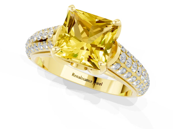 Yellow gold Princess Cut Yellow Sapphire Solitaire Ring with Three-Row Pavé Band and Four-Prong Setting