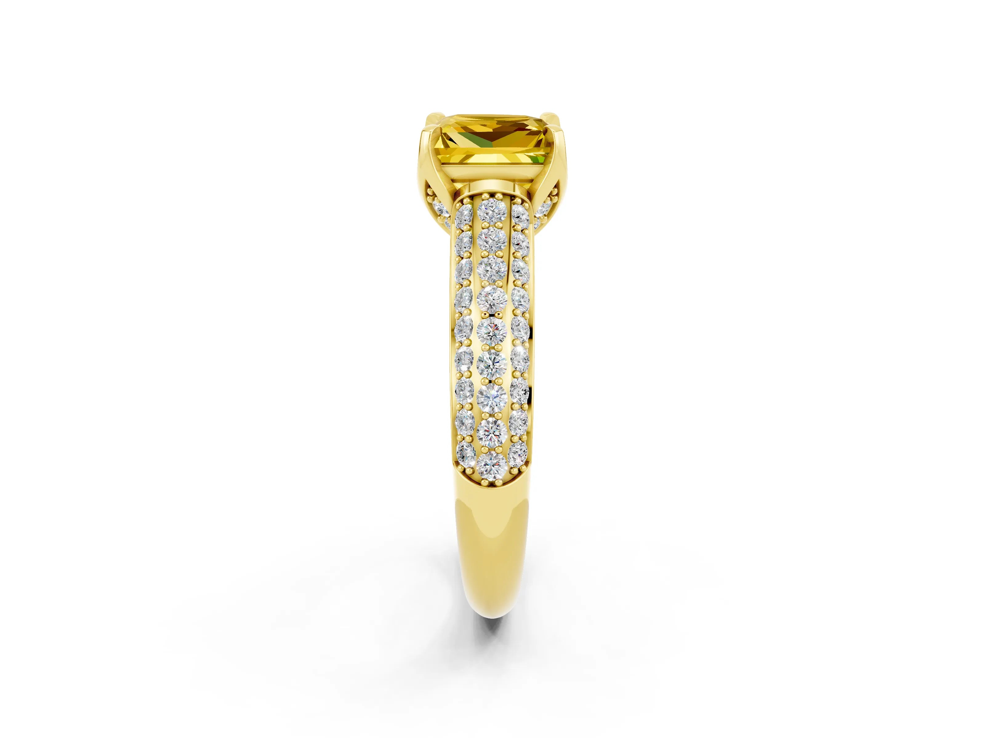 Yellow gold Princess Cut Yellow Sapphire Solitaire Ring with Three-Row Pavé Band and Four-Prong Setting_14
