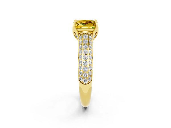 Yellow gold Princess Cut Yellow Sapphire Solitaire Ring with Three-Row Pavé Band and Four-Prong Setting