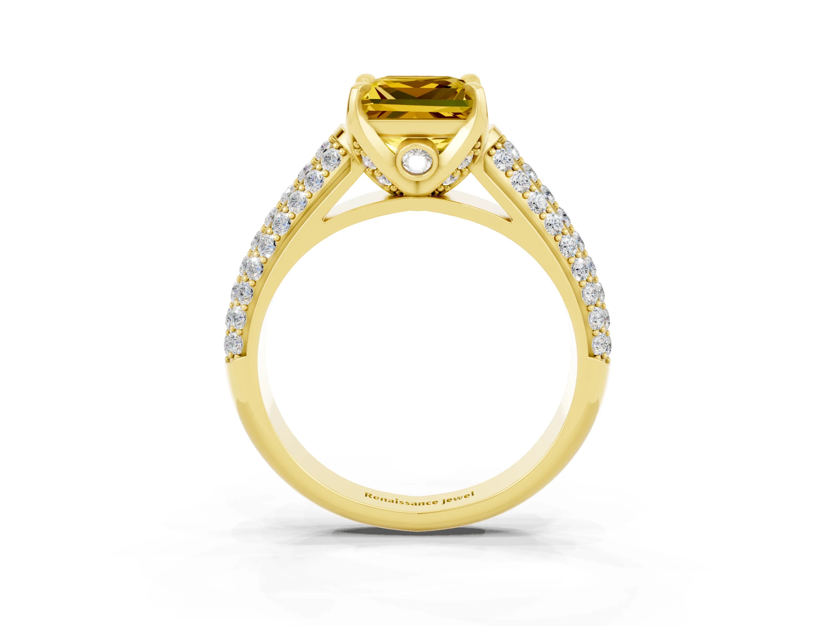 Yellow gold Princess Cut Yellow Sapphire Solitaire Ring with Three-Row Pavé Band and Four-Prong Setting_15