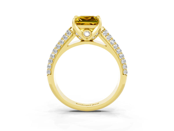 Yellow gold Princess Cut Yellow Sapphire Solitaire Ring with Three-Row Pavé Band and Four-Prong Setting