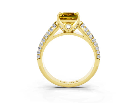 Yellow gold Princess Cut Yellow Sapphire Solitaire Ring with Three-Row Pavé Band and Four-Prong Setting_15
