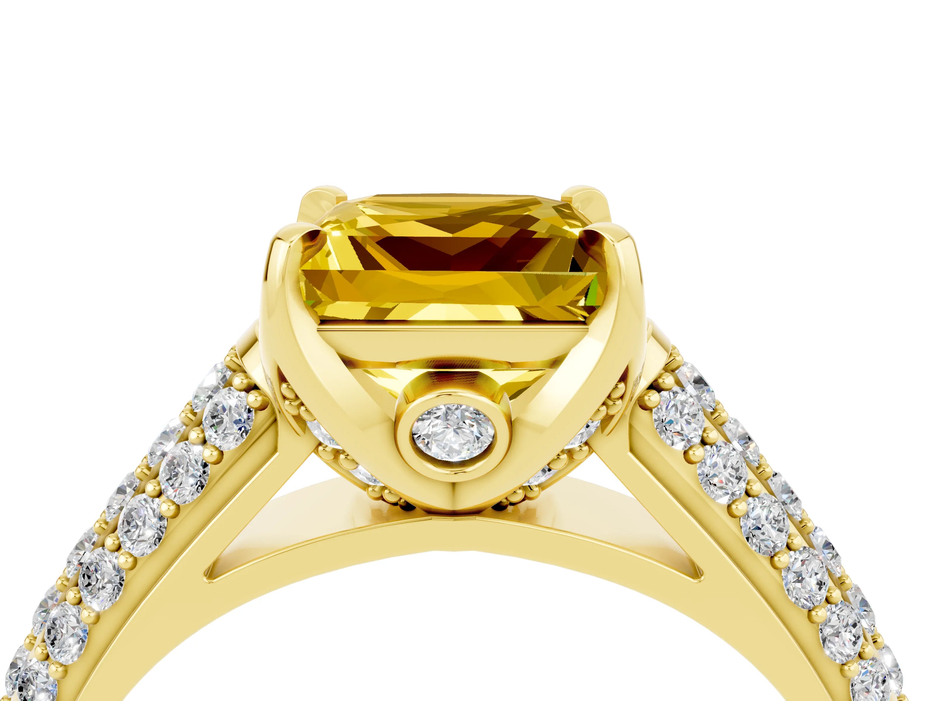 Yellow gold Princess Cut Yellow Sapphire Solitaire Ring with Three-Row Pavé Band and Four-Prong Setting_16