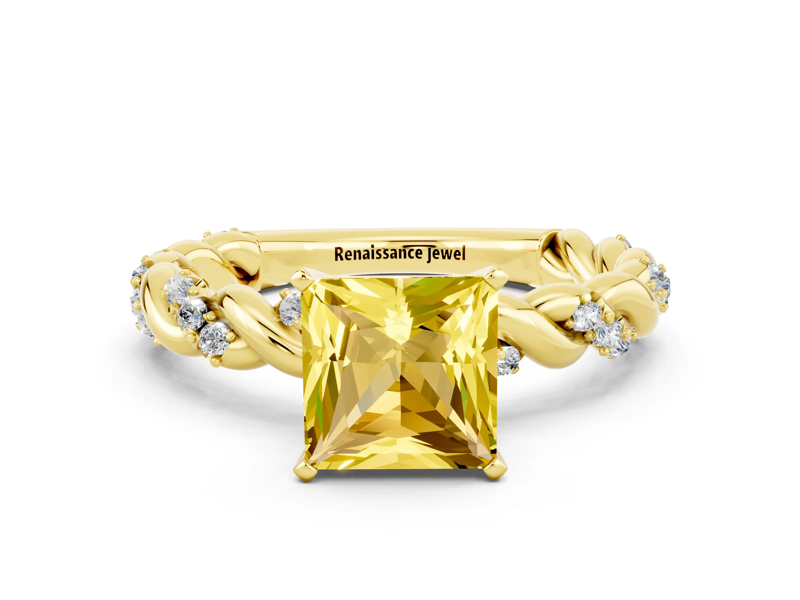 Yellow gold Princess Cut Yellow Sapphire Solitaire Ring with Twisted Band and Pavé Accents