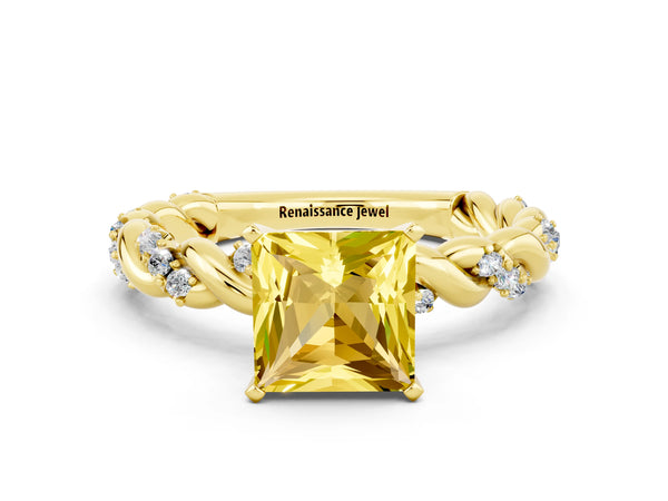 Yellow gold Princess Cut Yellow Sapphire Solitaire Ring with Twisted Band and Pavé Accents
