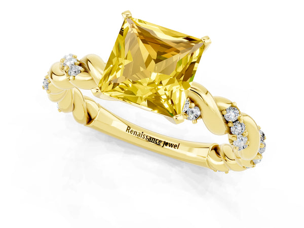 Yellow gold Princess Cut Yellow Sapphire Solitaire Ring with Twisted Band and Pavé Accents