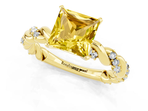 Yellow gold Princess Cut Yellow Sapphire Solitaire Ring with Twisted Band and Pavé Accents_1