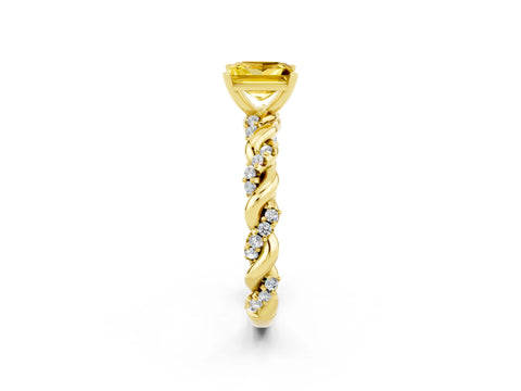 Yellow gold Princess Cut Yellow Sapphire Solitaire Ring with Twisted Band and Pavé Accents_2