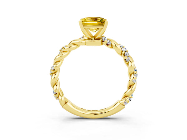 Yellow gold Princess Cut Yellow Sapphire Solitaire Ring with Twisted Band and Pavé Accents