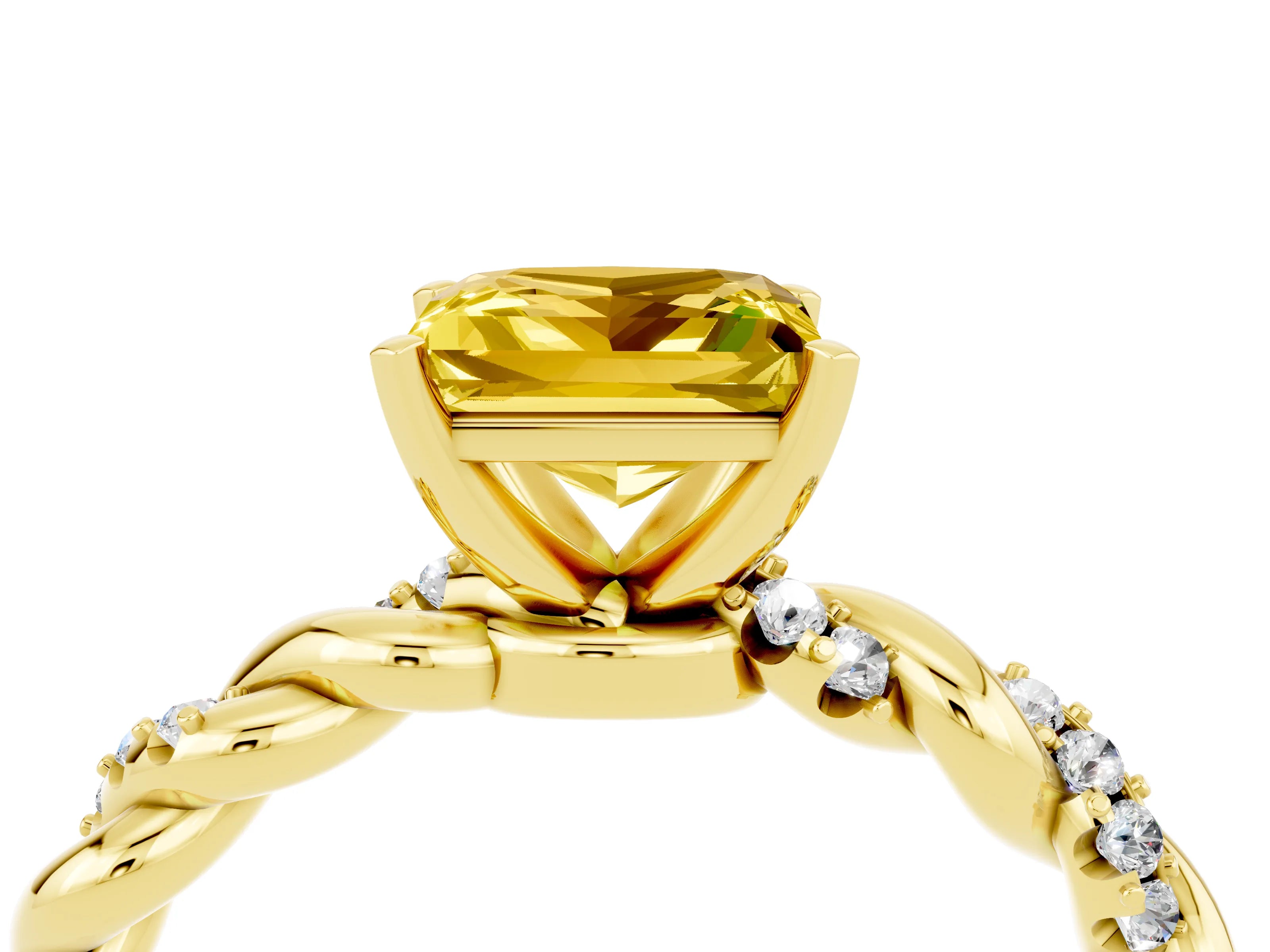 Yellow gold Princess Cut Yellow Sapphire Solitaire Ring with Twisted Band and Pavé Accents_4