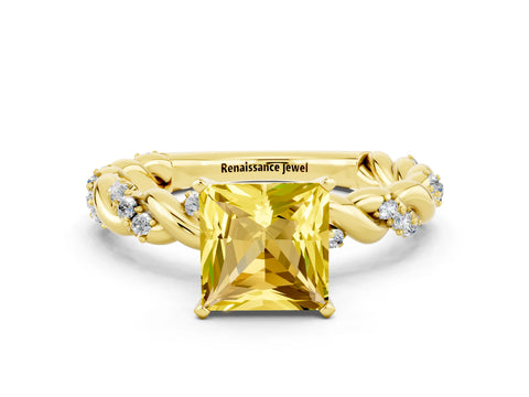 Yellow gold Princess Cut Yellow Sapphire Solitaire Ring with Twisted Band and Pavé Accents