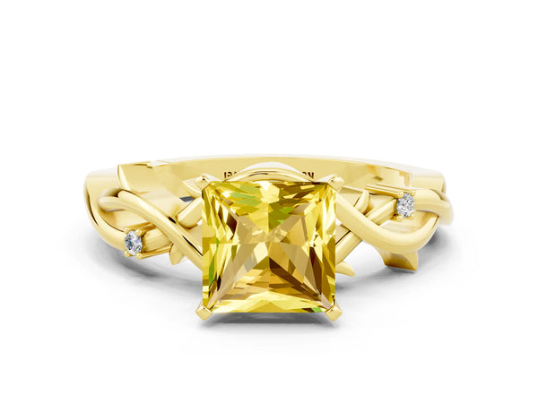 Yellow gold Princess Cut Yellow Sapphire Solitaire Ring with Twisted Band and Prong Setting