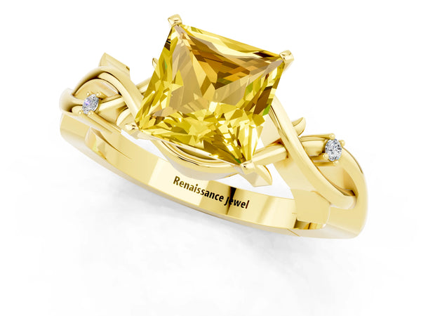 Yellow gold Princess Cut Yellow Sapphire Solitaire Ring with Twisted Band and Prong Setting