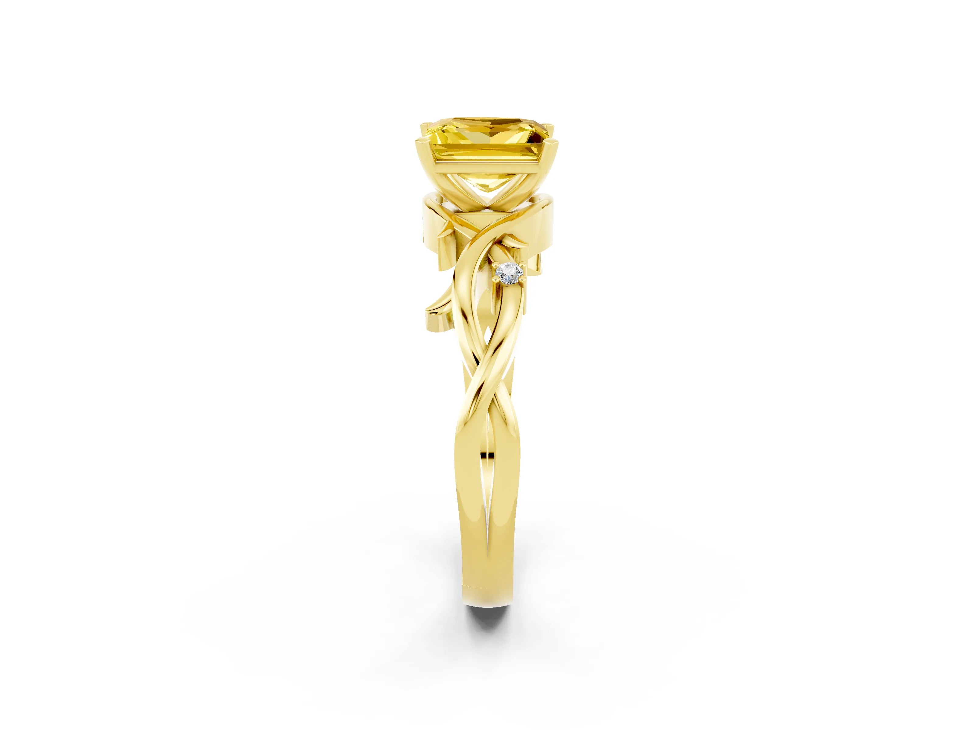 Yellow gold Princess Cut Yellow Sapphire Solitaire Ring with Twisted Band and Prong Setting_2